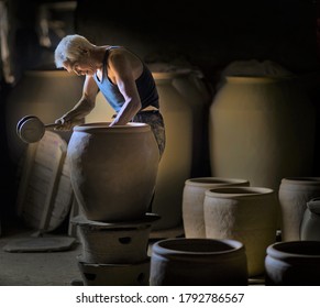 Anhui, China. Oct 28, 2012. An Old Chinese Craftsman In Rural China Is Making Pottery By Hand. Pottery Factory.