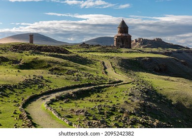 Ani site of historical cities (Ani Harabeleri): first entry into Anatolia, an important trade route Silk Road in the Middle Agesand. Historical Church and temple at sunset in Ani, Kars, Turkey.