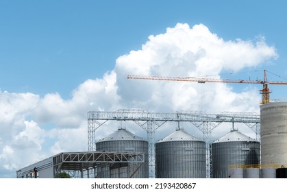 Animal Feed Factory Construction Site. Agricultural Silo At Feed Mill Factory. Tank For Store Grain In Feed Manufacturing. Seed Stock Tower For Commercial Animal Feed Production. Animal Food Industry.