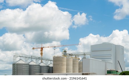 Animal Feed Factory Construction Site. Agricultural Silo At Feed Mill Factory. Tank For Store Grain In Feed Manufacturing. Seed Stock Tower For Commercial Animal Feed Production. Animal Food Industry.