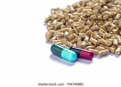 Animal Feed Pellets And Pill Capsules, Antibiotics In Animal Feed Concept.