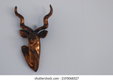 Animal Head Bust Of Kudu Antelope Hanging On The Wall With Copy Space. 