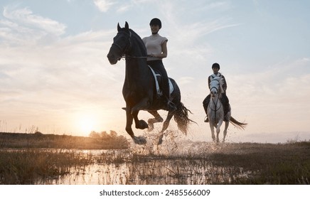 Animal, horse riding and water with friends in countryside together for saddle training. Equestrian, sports and sunset with people on horseback for adventure, journey or travel in nature or ranch - Powered by Shutterstock