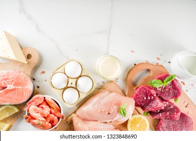 Animal Protein Sources - Raw Beef Meat Steak, Chicken Breast Fillet, Salmon Fish, Eggs, Dairy Milk, Shrimps, Cheese, Copy Space