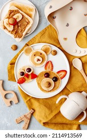 Animal Shaped Pancake With Strawberry And Fruit For Kids. Plate With Funny Pancake. Funny Breakfast Idea For Children. Kids Meal. Flat Lay