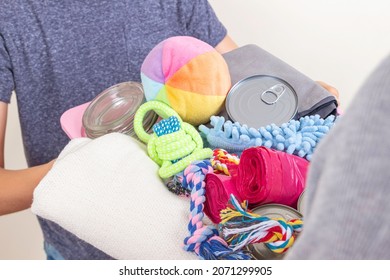 Animal Shelter Donations. Volunteer Hands Holding Box With Canned Pet Food, Blankets, Animal Accessories And Toys For Animal Shelters. Close Up