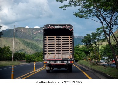 Animal Transport Truck On A Colombian Highway. March 4, 2022. Tolima. Colombia.