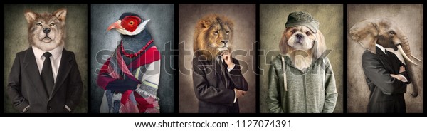 Animals in clothes. Concept graphic in\
vintage style. Wolf, Bird, Lion, Dog,\
Elephant.