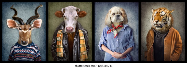 Animals in clothes. People with heads of animals. Concept graphic, photo manipulation for cover, advertising, prints on clothing and other. Antelope, cow, dog, tiger. - Shutterstock ID 1281289741