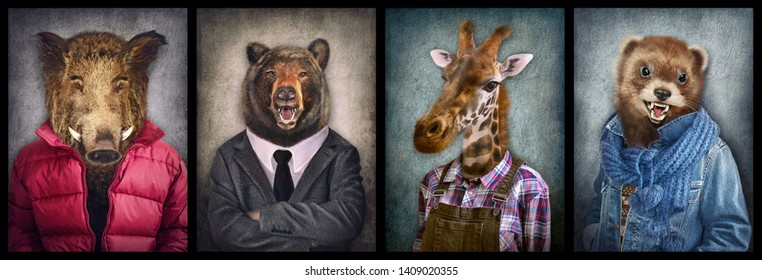 Животные в одежде. Люди с головами животных. Концепт-графика, фотоманипуляции для обложки, рекламы, принтов на одежде и прочего. Кабан, медведь, жираф, ласка.