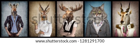 Animals in clothes. People with heads of animals. Concept graphic, photo manipulation for cover, advertising, prints on clothing and other. Zebra, deer, moose, cat, goat. 