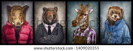 Animals in clothes. People with heads of animals. Concept graphic, photo manipulation for cover, advertising, prints on clothing and other. Boar, bear, giraffe, weasel.