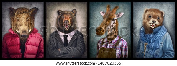Animals in clothes. People\
with heads of animals. Concept graphic, photo manipulation for\
cover, advertising, prints on clothing and other. Boar, bear,\
giraffe, weasel.