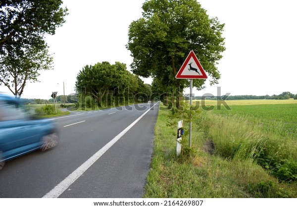 Animals\
crossing warning road sign on a country road in europe. A blue car\
passing by with speed not taking\
caution.
