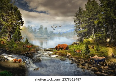 Animals ecosystem beautiful landscape wild forest by the creek (illustration of a fictional situation) 