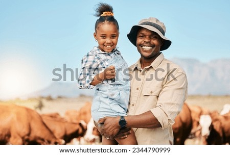 Animals, father and daughter or family on farm outdoor for cattle, holiday and travel. Happy black man and child smile on a field for farmer adventure or trip in countryside with cows in Africa