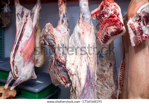 Animals hang in a meat locker in a butcher\
shop refrigerator