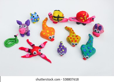 Animals  Made From Child's Play Clay Isolated On White Background