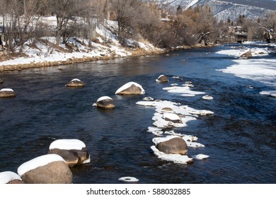 Animas River In Durango, Colorado In The Winter With Ice Forming Around Rocks