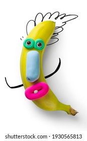 Animated Banana With Eyes And Mouth. Cartoon Plasticine Parts Of Face On Fruit 