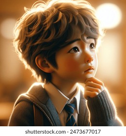 Animated character 3D image of a korean elementary school student without school uniform asks questions, answers and explores philosophy