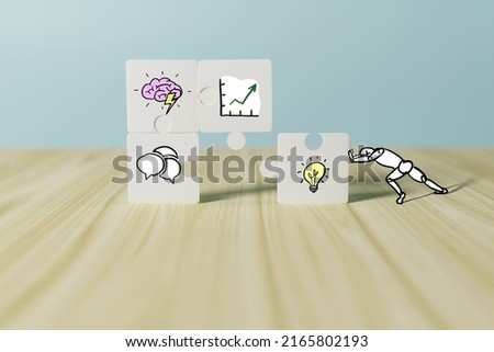 The animated character attaches puzzle with business, brain, light bulb and idea icons. Brain storming concept. Creating ideas, creating solutions to problems by people. Brain storming.