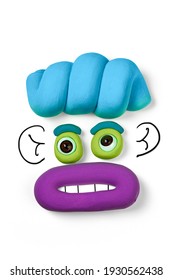 Animated Face By Soft Clay Isolated On The White Background. Cartoon Plasticine Face With Drawn Elements