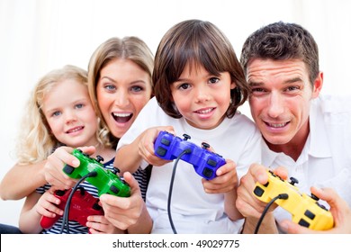 Animated Family Playing Video Game Against A White Background