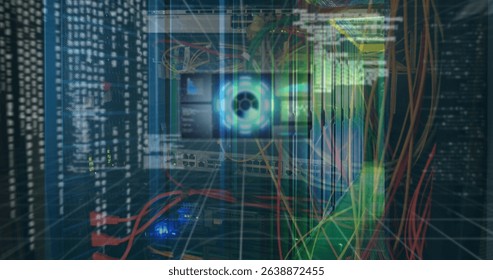 Animated of hud interface with graphics, analysis text and circle above computer in server room. Digital composite, multiple exposure, network security, data center, networking, technology. - Powered by Shutterstock - Get 15% off with code: PIKWIZARD15