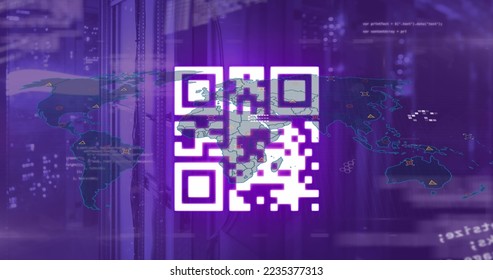 Animated qr code over digital interface. data processing image over world map on transparent background. technology and connections concept in digital image.