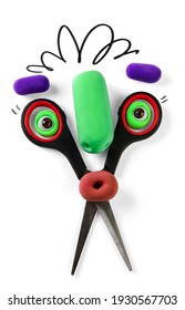 Animated Scissors With Plasticine Objects Eyes And Nose. Cartoon Plasticine Parts Of Face On Thing. Illustration For Kids Hair Salon 