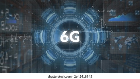 Animating 6G in digital environment showing HUD rings, radial bars, data panels, formulas and grid. Futuristic, innovation, digital, technology, connectivity, interface, data