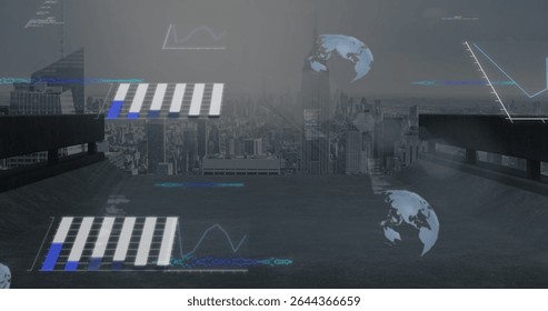 Animating holographic bar and line graphs on rooftop with railings, with rotating globe icons. Futuristic, technology, visualization, urban, data, analytics, innovation