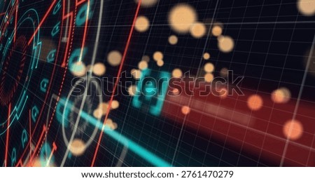 Animating HUD elements shifting right across grid, showing neon teal red reticles and amber bokeh. Interface, futurism, visualization, crosshair, perspective, depth, motion