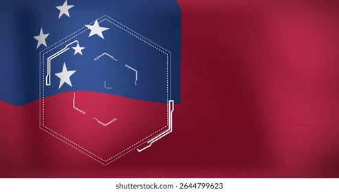 Animating red flag waving on screen with navy canton showing stars, dashed hexagon, geometric lines. Patriotic, graphic design, modern, abstract, digital art, vector, dynamic - Powered by Shutterstock - Get 15% off with code: PIKWIZARD15