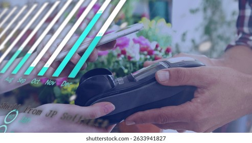 Animatio of financial data processing over people using payment terminal. Global business, finances, digital interface and connections concept digitally generated image.