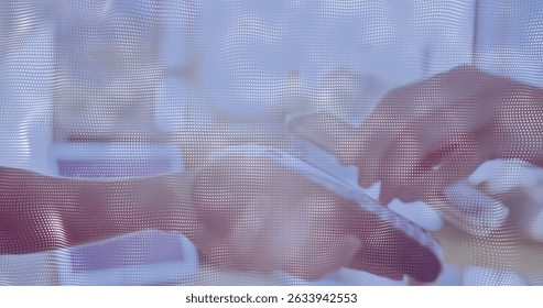 Animatio of financial data processing over people using payment terminal. Global business, finances, digital interface and connections concept digitally generated image.