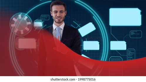 Animation of data processing over businessman touching screen. global business, digital interface, technology and networking concept digitally generated video.