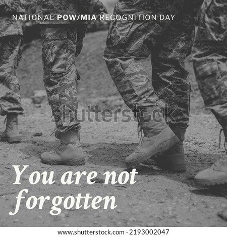 Animation of national pow mia recognition day text over diverse soldiers soldier. National pow mia recognition day and celebration concept digitally generated image.