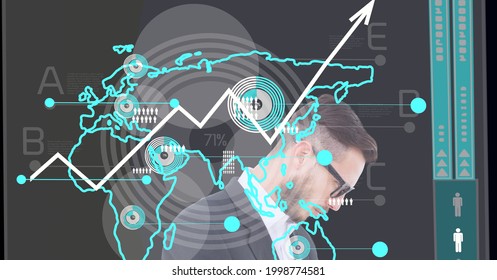 Animation of statistics data processing and businessman. global business, digital interface, technology and networking concept digitally generated video.