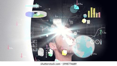 Animation of statistics data processing and businessman. global business, digital interface, technology and networking concept digitally generated video.
