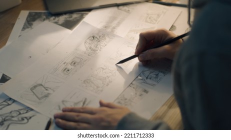 Animator Creates Sketches For The Cartoon. Works On The Storyboard. Comics Compilation. Storyboard Movie Layout For Pre-production. Creative Art Work. Home Based Set Up.