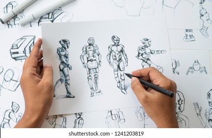 Animator designer Development designing drawing sketching development creating graphic pose characters sci-fi robot Cartoon illustration animation video game film production , animation design studio. - Shutterstock ID 1241203819