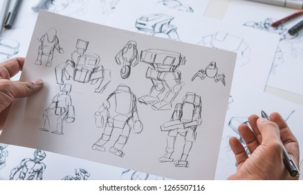 Animator designer Development designing drawing sketching development creating graphic pose characters sci-fi robot Cartoon illustration animation video game film production , animation design studio.