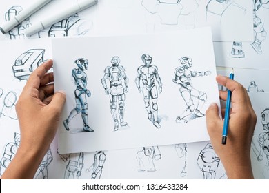 Animator Designer Development Designing Drawing Sketching Development Creating Graphic Pose Characters Sci-fi Robot Cartoon Illustration Animation Video Game Film Production , Animation Design Studio.