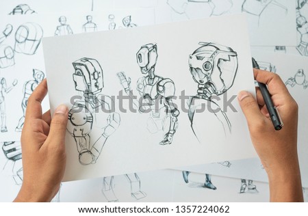 Animator designer Development designing drawing sketching development creating graphic pose characters sci-fi robot Cartoon illustration animation video game film production , animation design studio.
