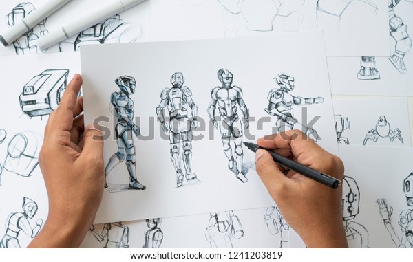 Animator designer Development designing drawing\
sketching development creating graphic pose characters sci-fi robot\
Cartoon illustration animation video game film production ,\
animation design\
studio.