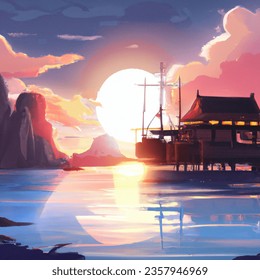 Anime artistic image of design ha long bay with a sunset with a boat 