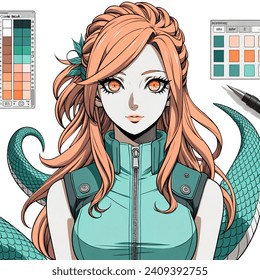 Anime artistic image of female naruto villain who is a mermaid. has strawberry blonde hair nad orange eyes. she is pretty. she wears a teal colored sleeveless jacket and has orange eyeshadow. she is in her second state curse mark. kishimoto style art