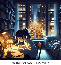 Anime artistic image of girl at night in new york city apartment with a full room  during night traffic studing relaxing 